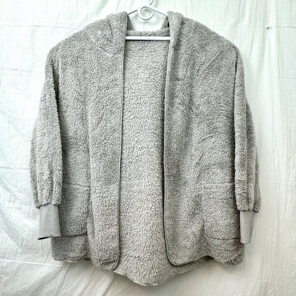 Fleece Open Front Hooded Fuzzy Cardigan w/Pocket Women XL Light Gray Utyful